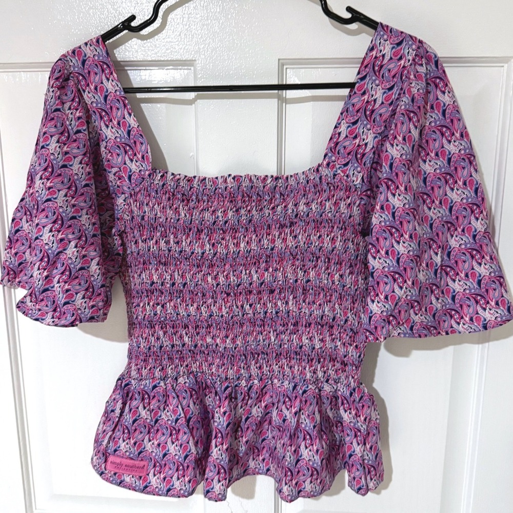 Simply Southern Pink Paisley Smocked Peplum Top Small Flutter Sleeve Square Neck